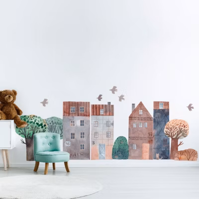 Papier peint intissé pré-encollé fresques géantes – ENFANT MAISONS EN AQUARELLES – 120x180cm