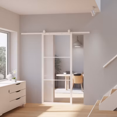 Porte coulissante complète en verre Schulte – 102x220cm – blanc – système ouvert-double softclose