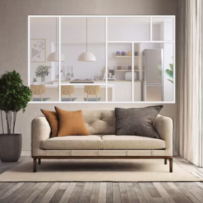Verrière ArtDéco 7 – L x H : 210 x 125 cm – Laqué blanc 9003 granité – vitrages inclus