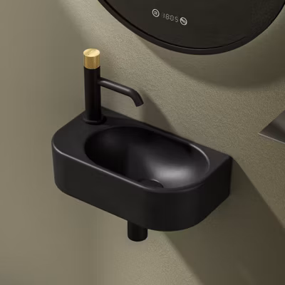 EMKE Lavabo de Salle de Bain 400 x 215 x 120 mm, Vasque en Céramique avec Coins Arrondis, Trou pour Robinet à Droite, Noir Mat