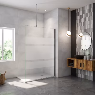 Paroi de douche chrome 140x190cm,6mm verre anticalcaire -bandes horizontales sérigraphiées,barre de fixation au plafond 90-150cm