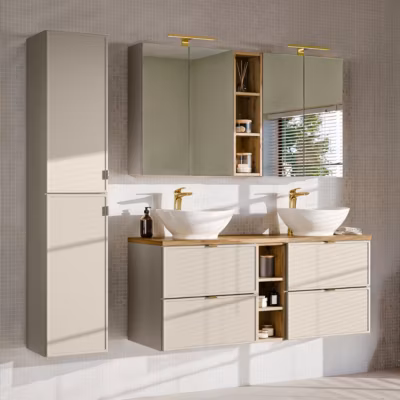 Ensemble meuble double vasque 140cm 3 niches et colonne Alba Cachemire Lola