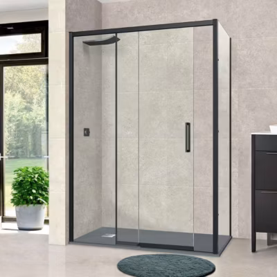 Paroi de douche porte coulissante et paroi latérale DROITE – L.112/116xl.80xH195 cm – verre 6mm Noir Mat SUPERBAN Vézannes 2PL