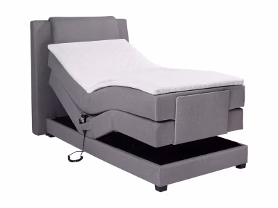 Ensemble complet boxspring tête de lit + sommiers relaxation électrique + matelas + surmatelas – 100 x 200 cm – Tissu – Gris clair