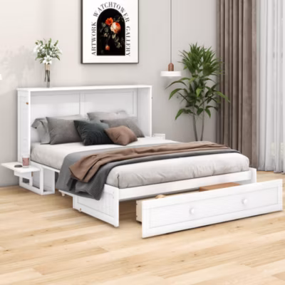 Lit escamotable 140×200 cm avec tiroirs et étagère latérale, Lit plateforme convertible, gain de place, design pratique, blanc