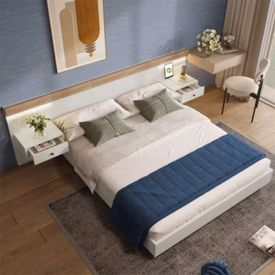 Lit adulte 180×200 cm, lit double avec chevets suspendus, led et prise usb typ c, cadre en bois, chêne + blanc (sans matelas)