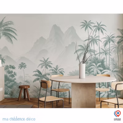 Papier peint Fresque tropicale et montagnes, Aquarelle – Intissé – 200 cm – 280 cm – MaCrédenceDéco