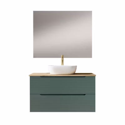 Meuble de salle de bain avec vasque, miroir et applique LED BOREAL 60×45 cm, finition Vert Lac mat, 2 tiroirs, suspendu Kibath