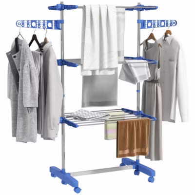 Séchoir à linge étendoir pliable ailes latérales 3 niveaux acier inox PP bleu