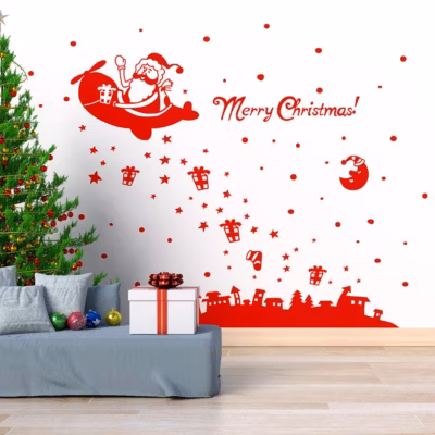 Sticker Ambiance merry christmas – 85x55cm – rouge – Autocollants adhésifs noël – décoration fêtes