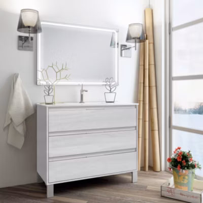 Meuble de salle de bain simple vasque – 3 tiroirs – TIRIS 3C et miroir Led VELDI – hibernian (bois blanchi) – 100cm