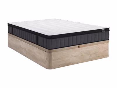Ensemble 140 x 190 cm sommier coffre naturel clair + matelas hybride ressorts ensachés 7 zones et gel à mémoire de forme ép.25cm –