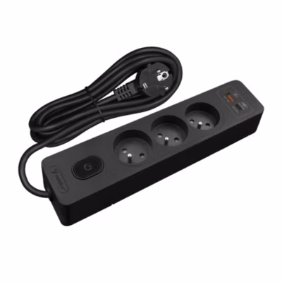 Multiprise SELDUR G3FH32S, 3 prises type E + interrupteur, USB A+C charge rapide 20W, Noir, câble 3m