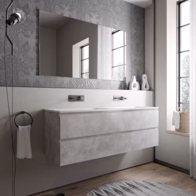 Meuble double vasque suspendu MDF aspect béton, 2 lavabos fonte Blanc mat sans trou robinet – 140x46x50cm – AVA BRUXELLES