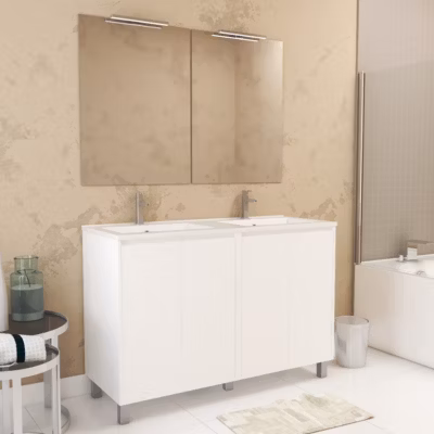 Meuble Salle de Bains 120 cm Laqué Blanc 4 Portes, Vasque, Miroirs 60×80 et Réglettes Led – XENOS