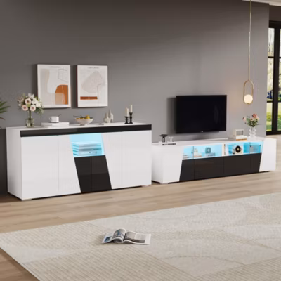 Meuble TV et meuble d&rsquo;appoint,180×38,5x45cm,noir et blanc,brillant avec éclairage LED