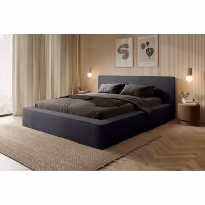 Lit coffre VELORA  Anthracite profond bouclé  140×200 cm  Tissu velours doux  Sommier relevable  Rangement intégré