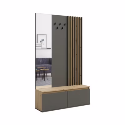 Meuble dentrée avec porte-manteau et miroir 120 cm – chene clair et gris anthracite – Collection NEMO