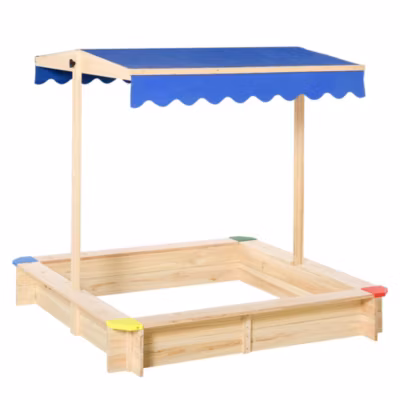 Bac à sable bois carré dim. 1,2L x 1,2l x 1,2H m – hauteur et inclinaison toit réglables – bois naturel de pin