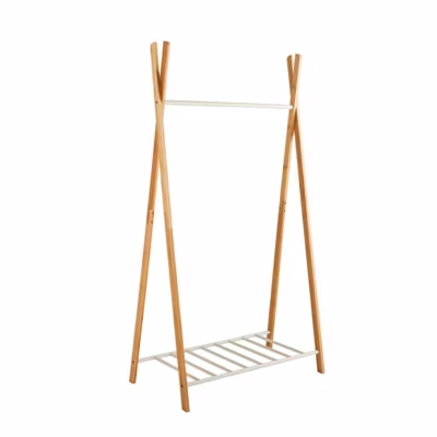 Portant à vêtements en bambou naturel et métal blanc 93 x 50 x 173 cm