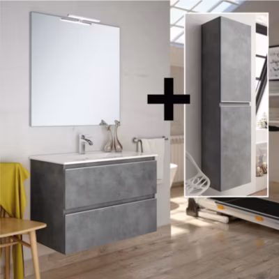 Ensemble meuble de salle de bain 100cm simple vasque + colonne de rangement – BALEA – ciment (gris)