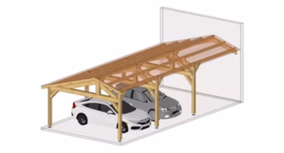 Carport deux pentes faitage décalé adossé 500cmx800cm Bois DOUGLAS  (Charpente – Auvent – Abri voiture) surface 40 m²