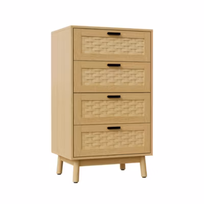 Meuble 4 tiroirs coloris chêne, décor cannage PVC, pieds en bois d&rsquo;hévéa, panneaux E1, 40x55x95 cm