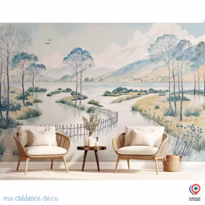 Papier peint Lac, arbres et montagnes, Aquarelle – Intissé – 400 cm – 280 cm – MaCrédenceDéco