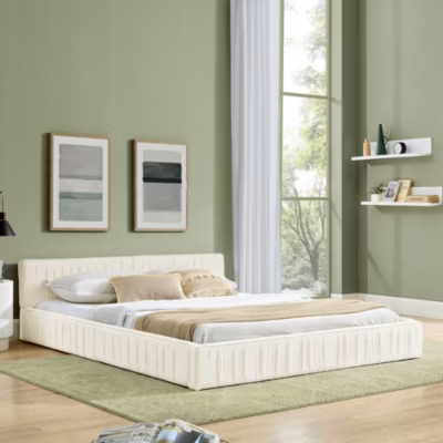 Lit 140×200 cm en chenille beige avec plis décoratifs, structure bois d&rsquo;eucalyptus et cadre métal solide