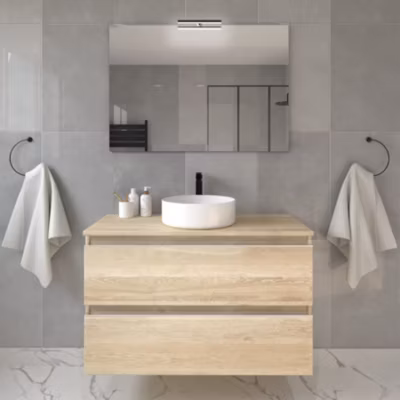 Meuble de salle de bain 2 tiroirs avec vasque à poser ronde et miroir avec applique BALEA – Bambou (chêne clair) – 80cm
