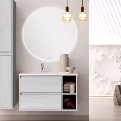 Meuble de salle de bain vasque déportée – 2 tiroirs – OLYMPE et miroir rond Led SOLEN – hibernian (bois blanchi) – 80cm