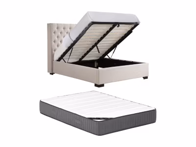 Lit coffre 160 x 200 cm avec tête de lit capitonnée – Tissu – Beige + Matelas – MASSIMO II