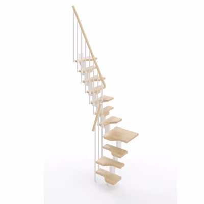 Escalier 1 quart tournant 10 marches – Hauteur à franchir de 2.21 à 2.61m – Largeur 61cm – Couleur naturel et blanc –