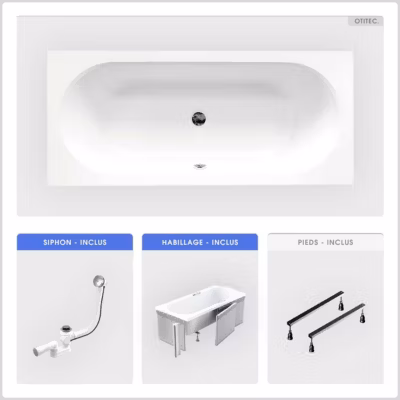 Baignoire rectangulaire – 180 x 80 cm – avec Habillage – Pieds – Vidage Chrome – VITAE SLIM