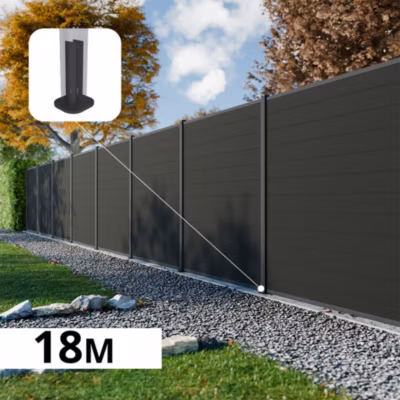 Kit Clôture Composite RIO Anthracite 18×1,8m – Bois composite & Aluminium – Poteaux sur Platines Gris – Brise vue – Palissade