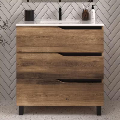 Meuble sous vasque seul, 3 tiroirs, 70cm, simple vasque – tabaco (chêne foncé) – MATA
