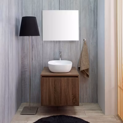 Meuble De Salle De Bain Suspendu 60Cm Avec 2 Portes En Effet Noyer, Lavabo De Meuble, Miroir 60X70 – Siena