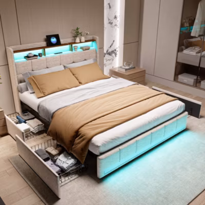 Lit 140×200 Sommier LED et 2 USB, Type-C, Lit Capitonné Lit Double avec 4 Tiroirs, Lin, Beige