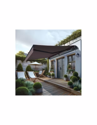 Store banne monobloc MEILE 4,20 x 3,50m (Motorisé à télécommande + manœuvre de secours – Taupe – Gris anthracite)