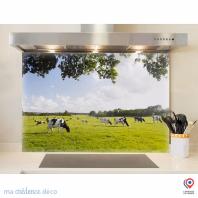 Crédence cuisine fond de hotte champ de vaches – Verre trempé – L 60 cm x H 45 cm – MaCrédenceDéco