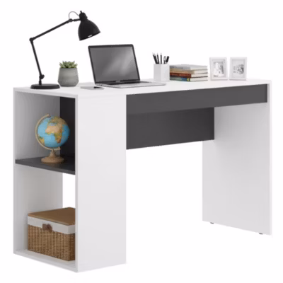 Bureau Grigna, Bureau polyvalent pour bureau ou chambre, Table d&rsquo;étude linéaire avec étagères, 115x50h74 cm, Blanc et Anthracite