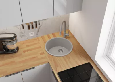 PRIMAGRAN Evier cuisine Granit Rond Gris 46x46cm, Evier 1 bac + Kit de Vidage, Lavabo Cuisine au meuble 50cm – La Valette Slim