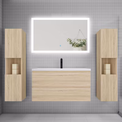 Ensemble meuble de salle de bains 100cm, simple vasque + colonne + LED miroir rectangulaire,chêne