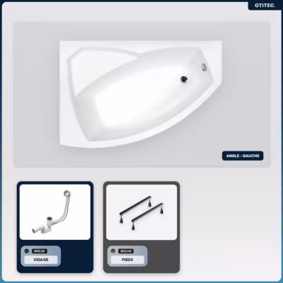 Baignoire asymétrique – 140 x 90 cm – Gauche – sans Habillage – avec Pieds – Vidage Chrome – RIMA