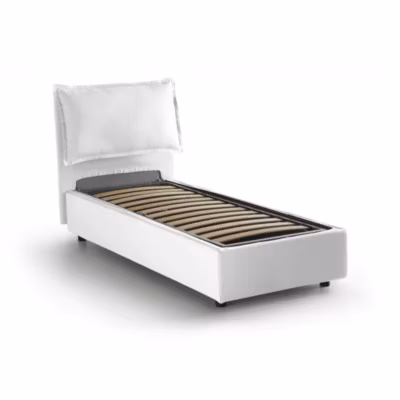 Lit simple Ddimari, Lit coffre avec revêtement en tissu, Ouverture frontale, adapté pour matelas 80×200 cm, Blanc