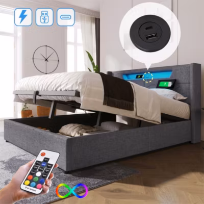 Lit adulte lit 160×200 cm lit rembourré lit de rangement lit sommier à lattes en bois lit double lin gris
