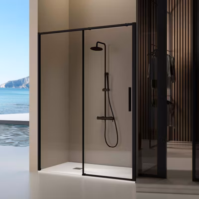 Paroi de douche coulissante DELTA – Noir Mat – 172-174.6 cm – Fermeture amortie – Réversible – Anticalcaire