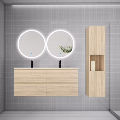 Ensemble meuble double vasque L.120cm 4 tiroirs + lavabo + 2 LED miroirs rond 60cm + colonne C,chêne