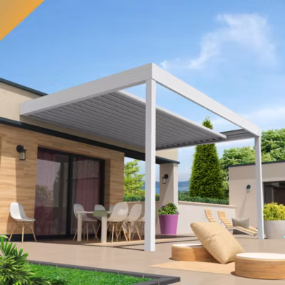 Pergola rétractable HYLIA 4,50×3,005 M Motorisé à Télécommande + LED (Blanc RAL9010)