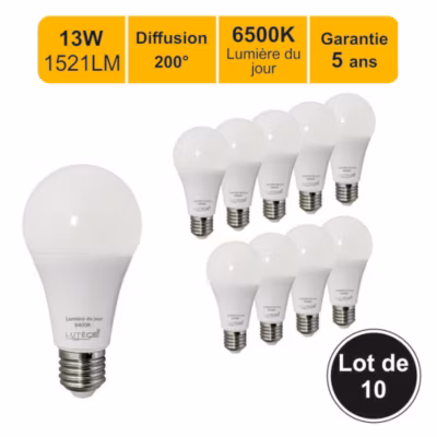 Lot de 10 ampoules LED E27 13W (équiv. 100W) 1521Lm 6500K – garantie 5 ans